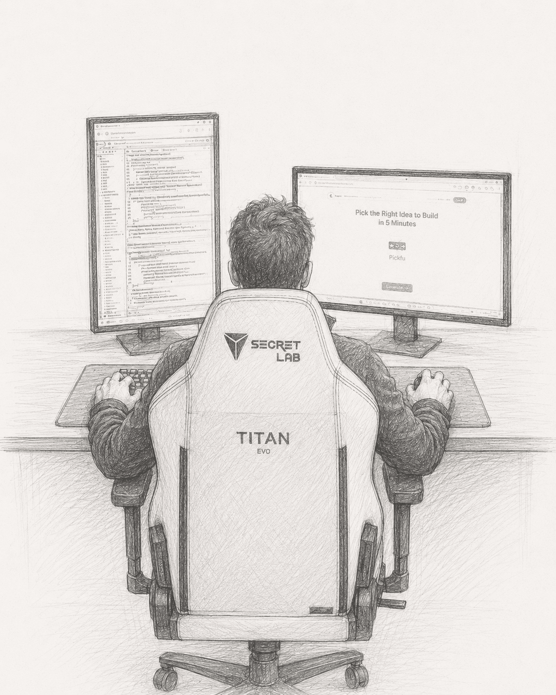 Pencil-sketch illustration of Ant at his desk, seen from behind